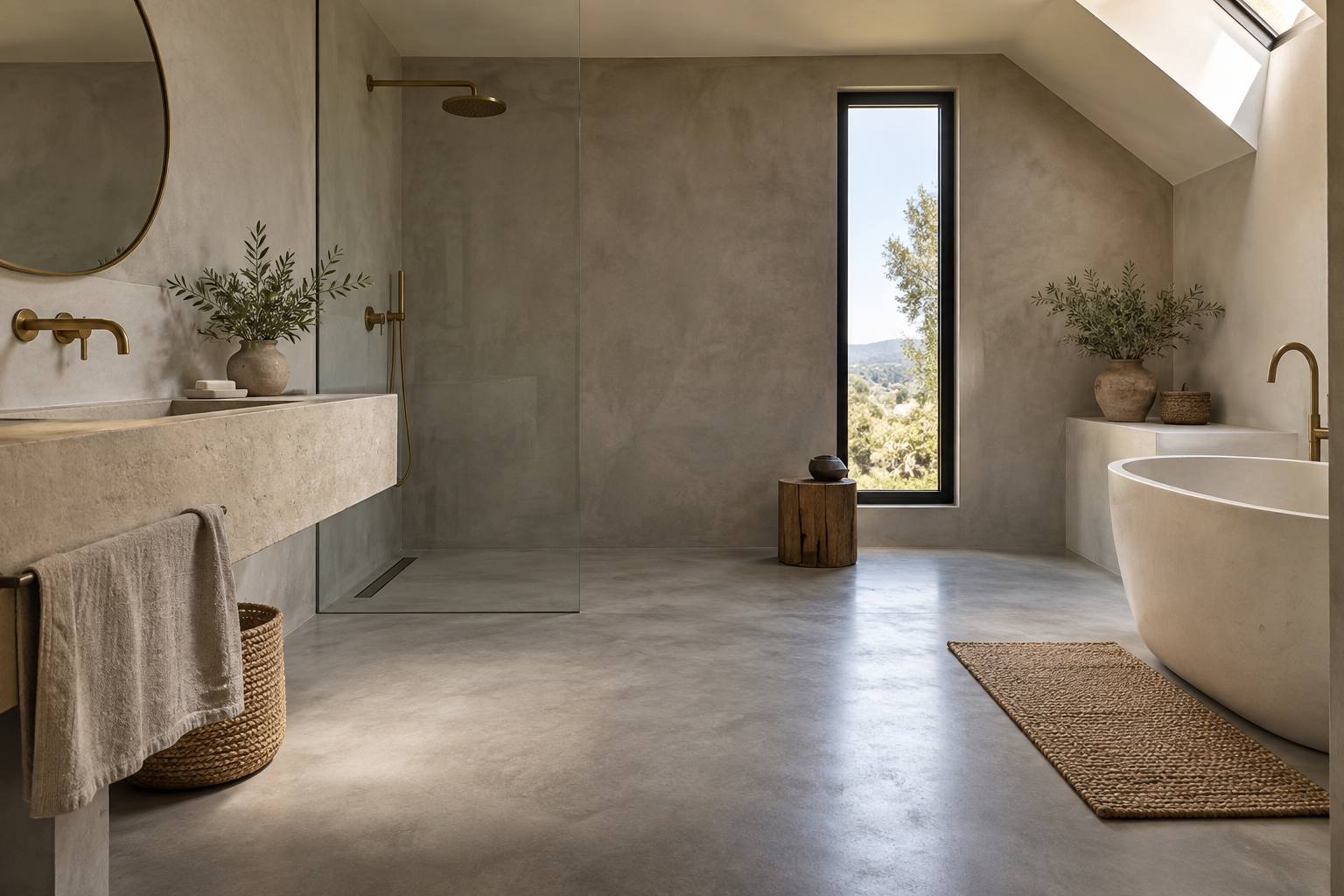 Salle de bain contemporaine avec sol et mur de douche en béton ciré gris chaud, sans joints
