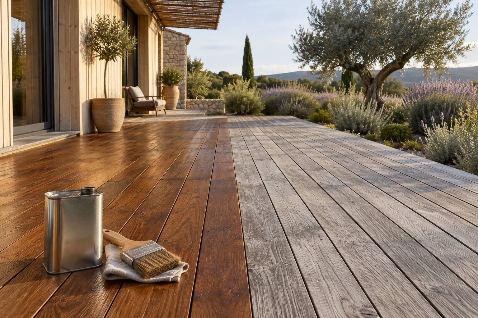 Terrasse en ipé à moitié nettoyée et saturée teinte miel, l’autre moitié encore grisée par le temps