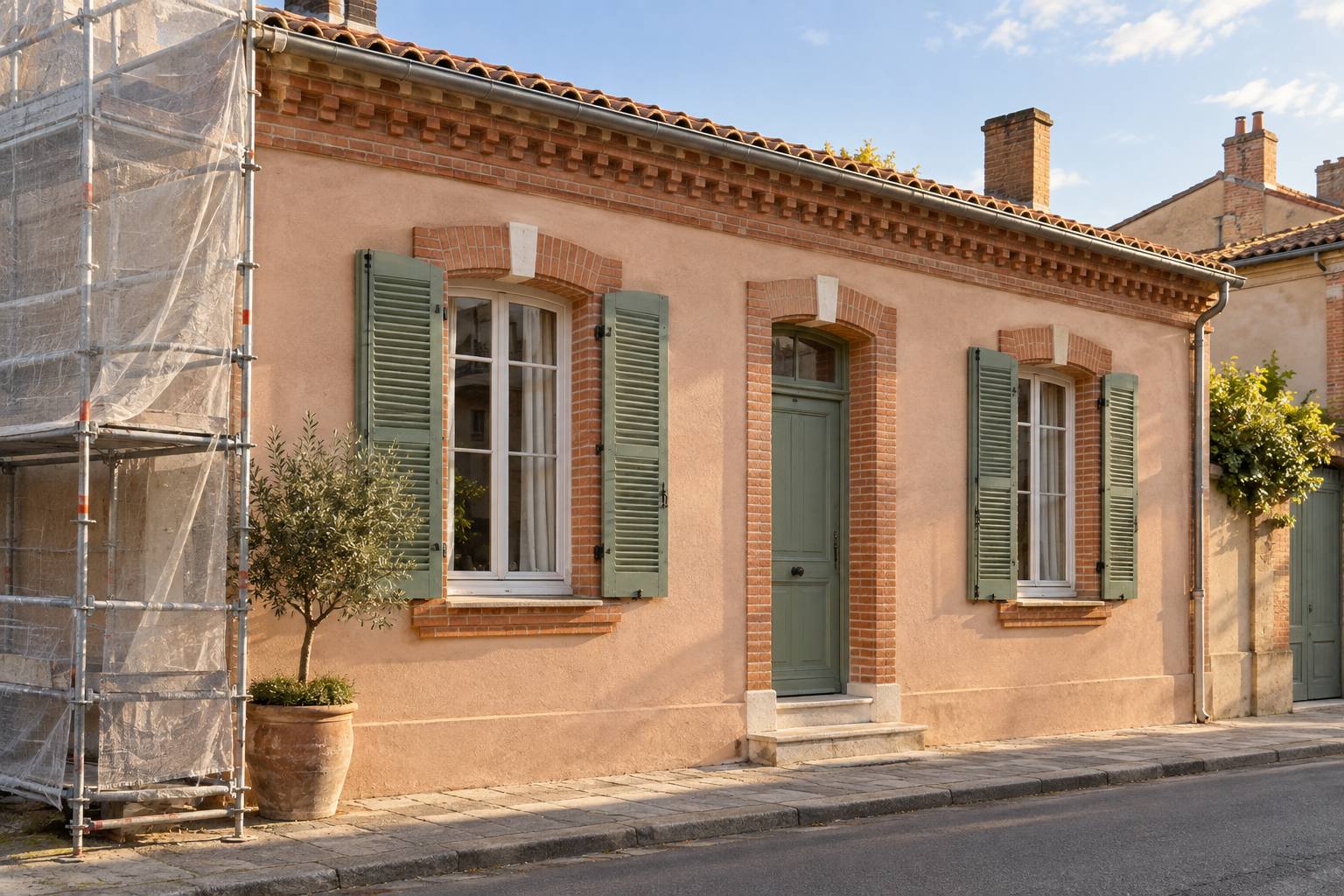 Maison toulousaine ravalée : enduit sable rosé, encadrements en brique foraine nettoyés, volets vert de gris