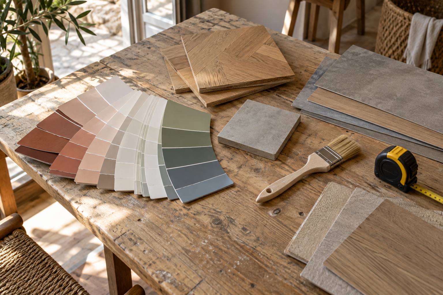 Nuanciers de peinture aux teintes chaudes, échantillons de parquet, de sol vinyle et de béton ciré sur une table d’atelier