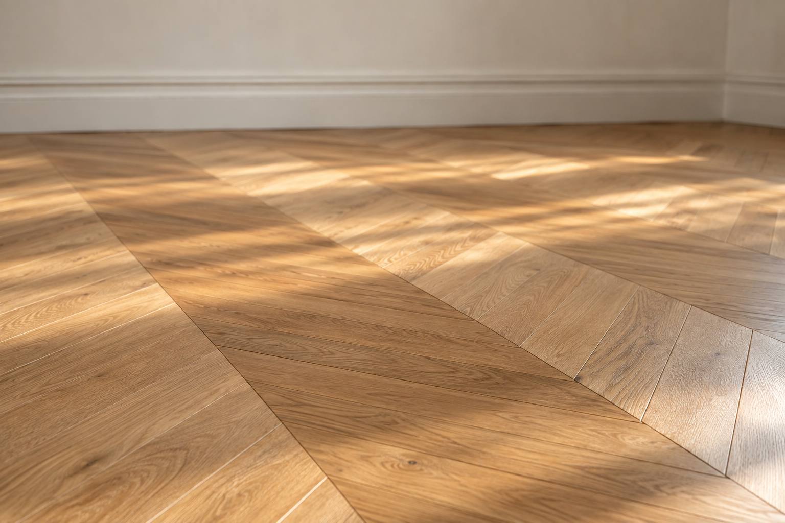 Parquet en chêne posé en chevrons, poncé et vitrifié mat, dans la lumière rasante d’un appartement ancien