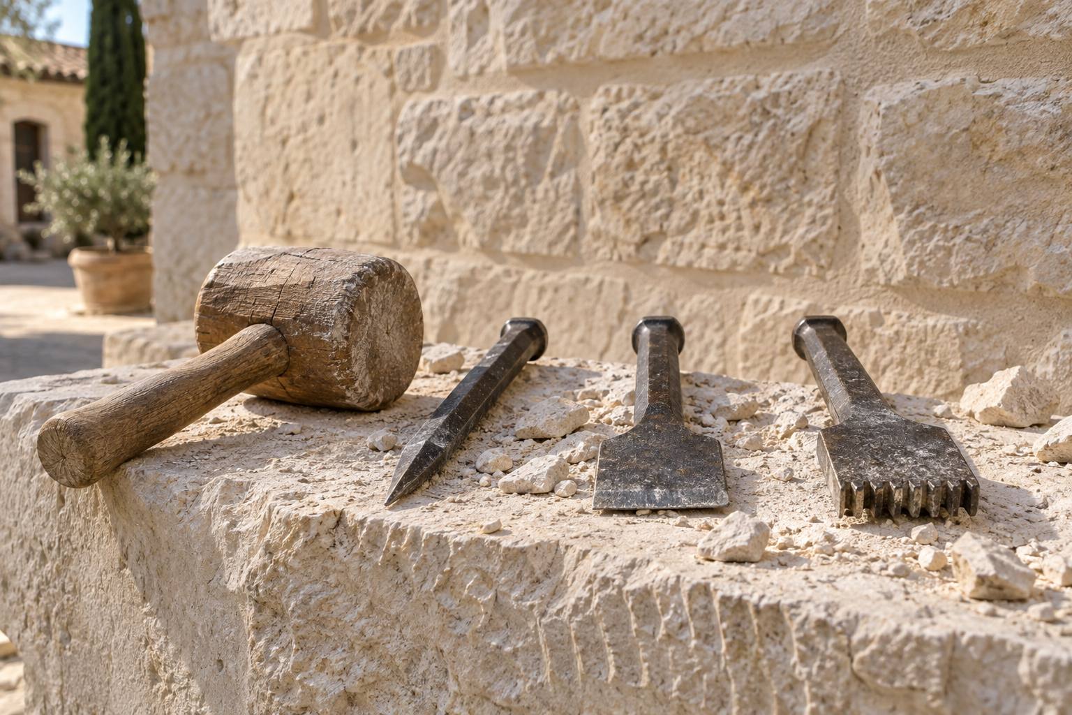 Mur en pierre calcaire blonde restauré, joints à la chaux refaits, outils de tailleur de pierre posés sur un bloc