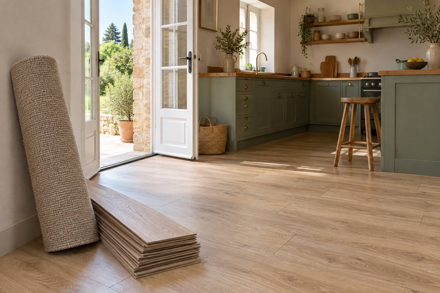 Cuisine lumineuse rénovée avec un sol en lames vinyle imitation chêne et un rouleau de moquette posé contre le mur